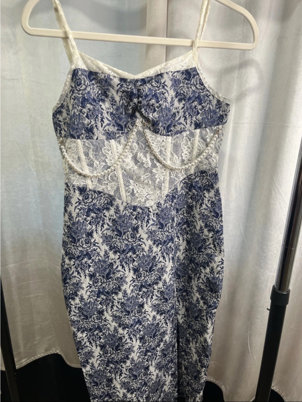 Blue and White Lace Trim Slip Dress